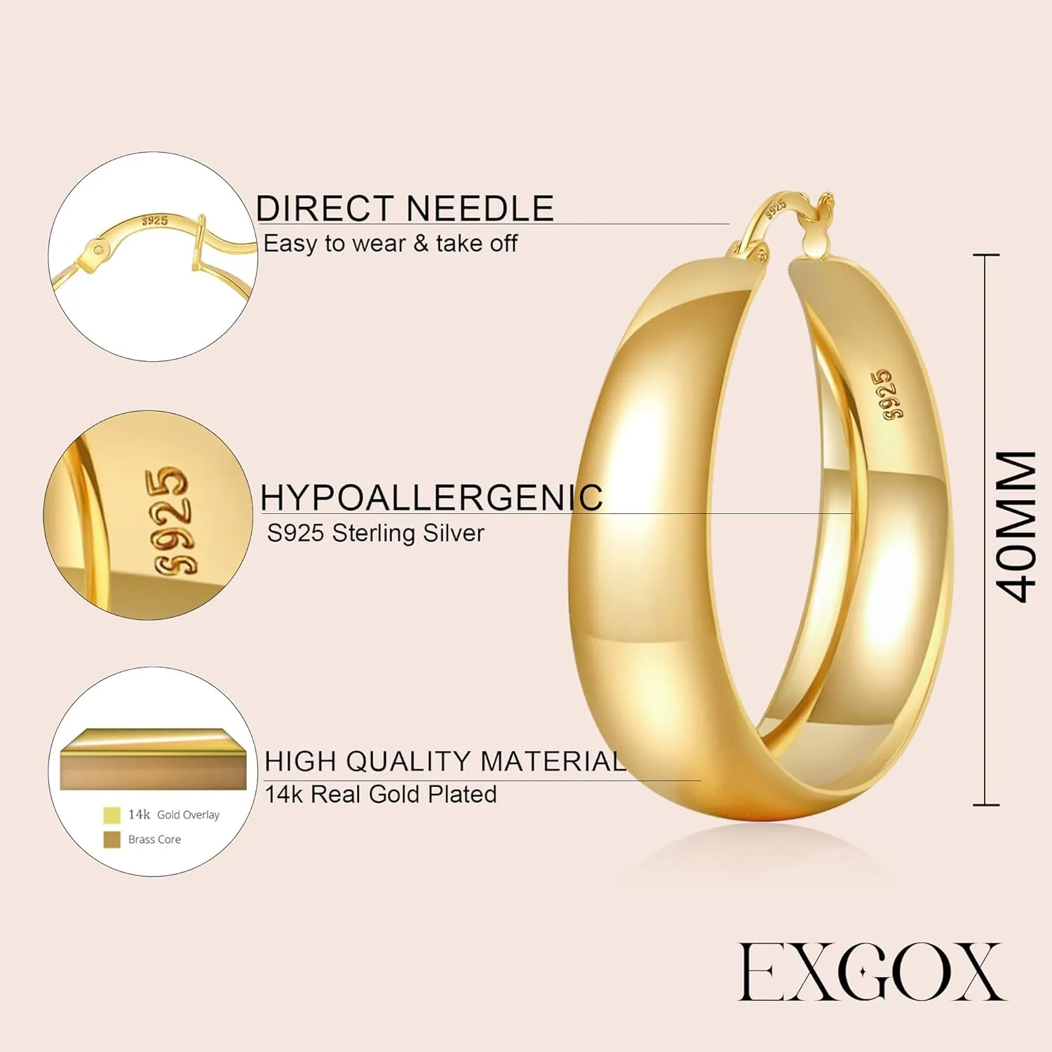 EXGOX Gold Hoop Earrings for Women Sterling Silver Post Hoops Earrings for Women Wide Thick Silver Hoop Earrings Hypoallergenic Lightweight 14k Real Gold Plated Hoop Large Earrings (25/30/40/50MM)