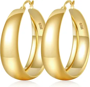 EXGOX Gold Hoop Earrings for Women Sterling Silver Post Hoops Earrings for Women Wide Thick Silver Hoop Earrings Hypoallergenic Lightweight 14k Real Gold Plated Hoop Large Earrings (25/30/40/50MM)