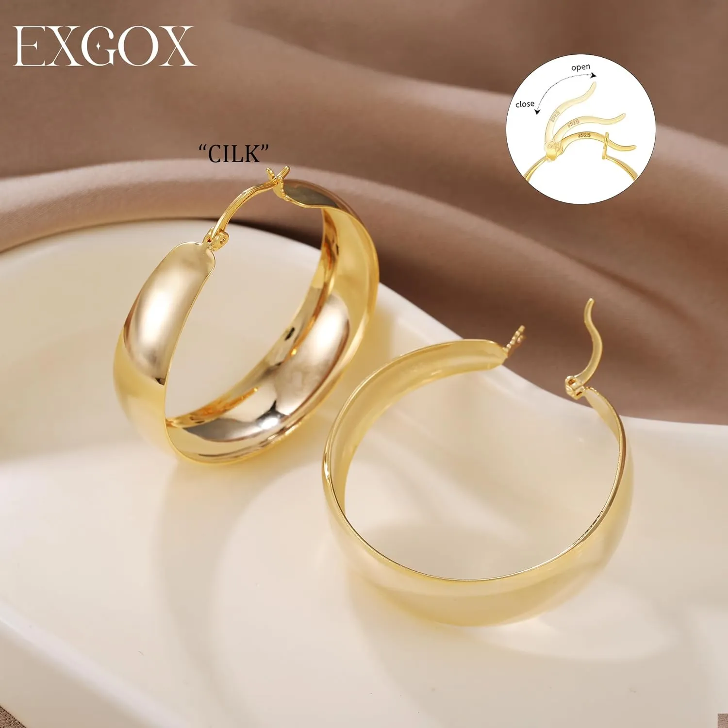 EXGOX Gold Hoop Earrings for Women Sterling Silver Post Hoops Earrings for Women Wide Thick Silver Hoop Earrings Hypoallergenic Lightweight 14k Real Gold Plated Hoop Large Earrings (25/30/40/50MM)