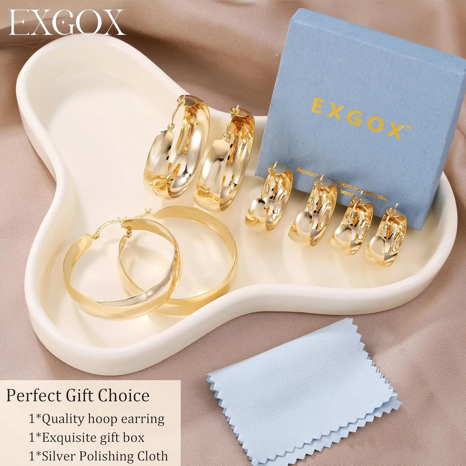 EXGOX Gold Hoop Earrings for Women Sterling Silver Post Hoops Earrings for Women Wide Thick Silver Hoop Earrings Hypoallergenic Lightweight 14k Real Gold Plated Hoop Large Earrings (25/30/40/50MM)