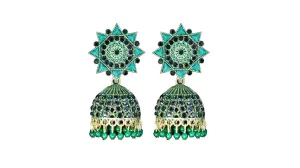 Ezume Big Round Vintage Bell Pendant Flower Pattern Colorful Shiny Rhinestone Inlaid Angle Earrings Retro Bollywood Style Tourist Souvenir Green Color