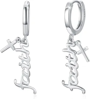 Faith Earrings 925 Sterling Silver Faith Cross Hoop Huggie Earrings,Hypoallergenic Christian Faith Earrings Jewelry for Women