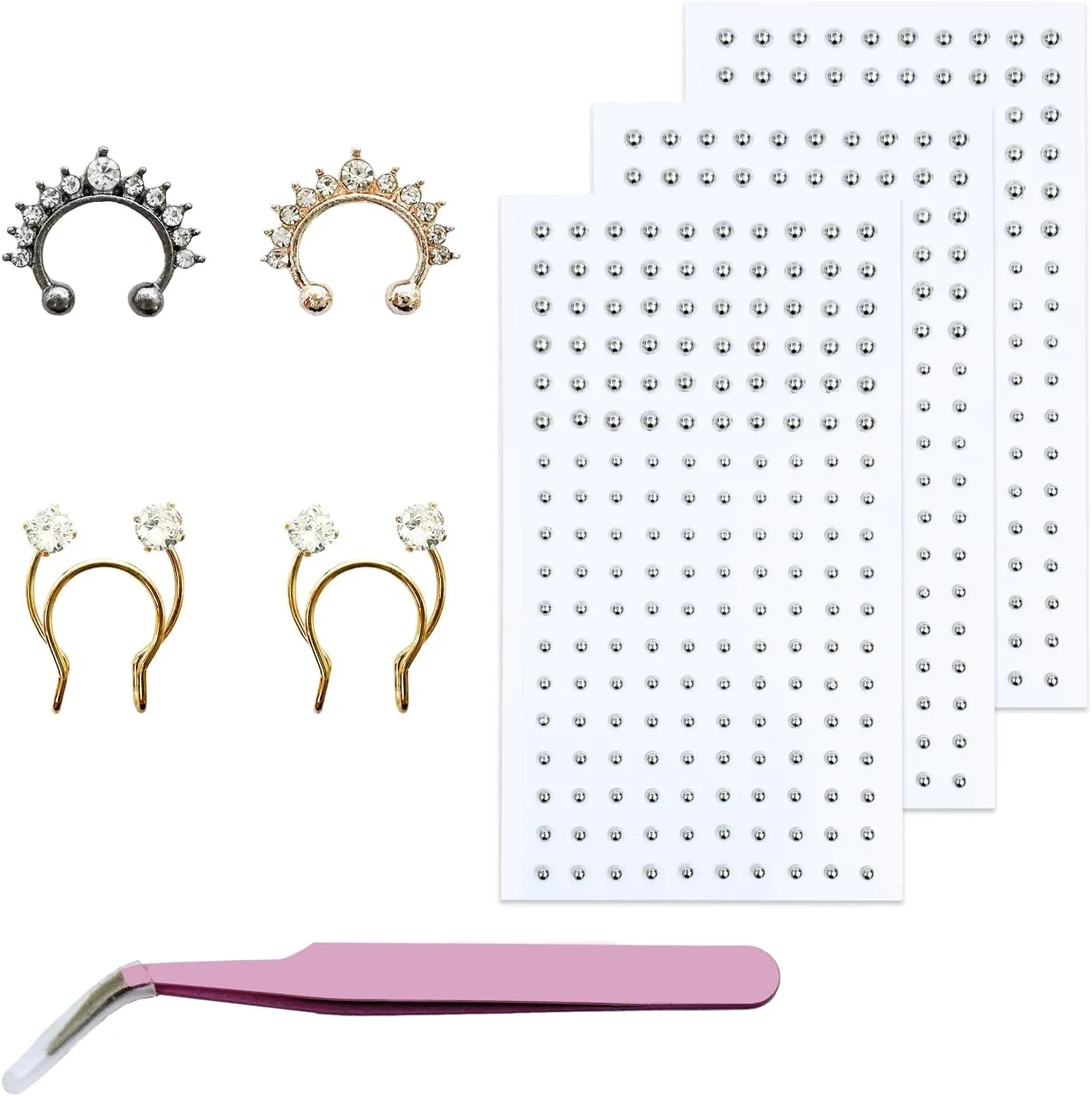 Fake Face Gems Fake Piercings, Fake Septum Ring 540 Fake Peircing 4 Fake Nose Stud Ball Spike Self-Adhesive Face Sticker Clip On Septum Nose Ring Punk Y2k Eyebrow Piercing Fake Septum Hoop Jewelry