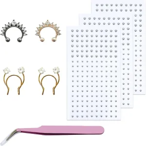 Fake Face Gems Fake Piercings, Fake Septum Ring 540 Fake Peircing 4 Fake Nose Stud Ball Spike Self-Adhesive Face Sticker Clip On Septum Nose Ring Punk Y2k Eyebrow Piercing Fake Septum Hoop Jewelry