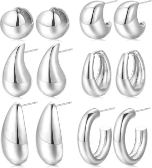 FANDY Chunky Gold Hoop Earrings Set for Women, 3 Pairs/ 6 Pairs Gold Teardrop Open Hollow Hoops, 14K Gold Plated Hypoallergenic Earrings Set for Gift