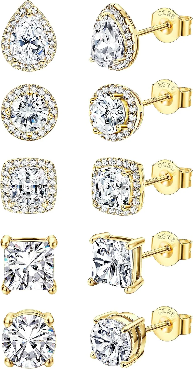 FASACCO 925 Sterling Silver Stud Earrings Large CZ Stud Earrings Fake Diamond Stud Earrings Silver Studs Set Cubic Zirconia Stud Earrings