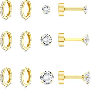 FASACCO Hypoallergenic Flat Back Earrings 14K Gold Cartilage Earring Sets for Multiple Piercing Surgical Stainless Steel Earrings for Women Men Small Huggie Hoop Flatback Stud Earrings