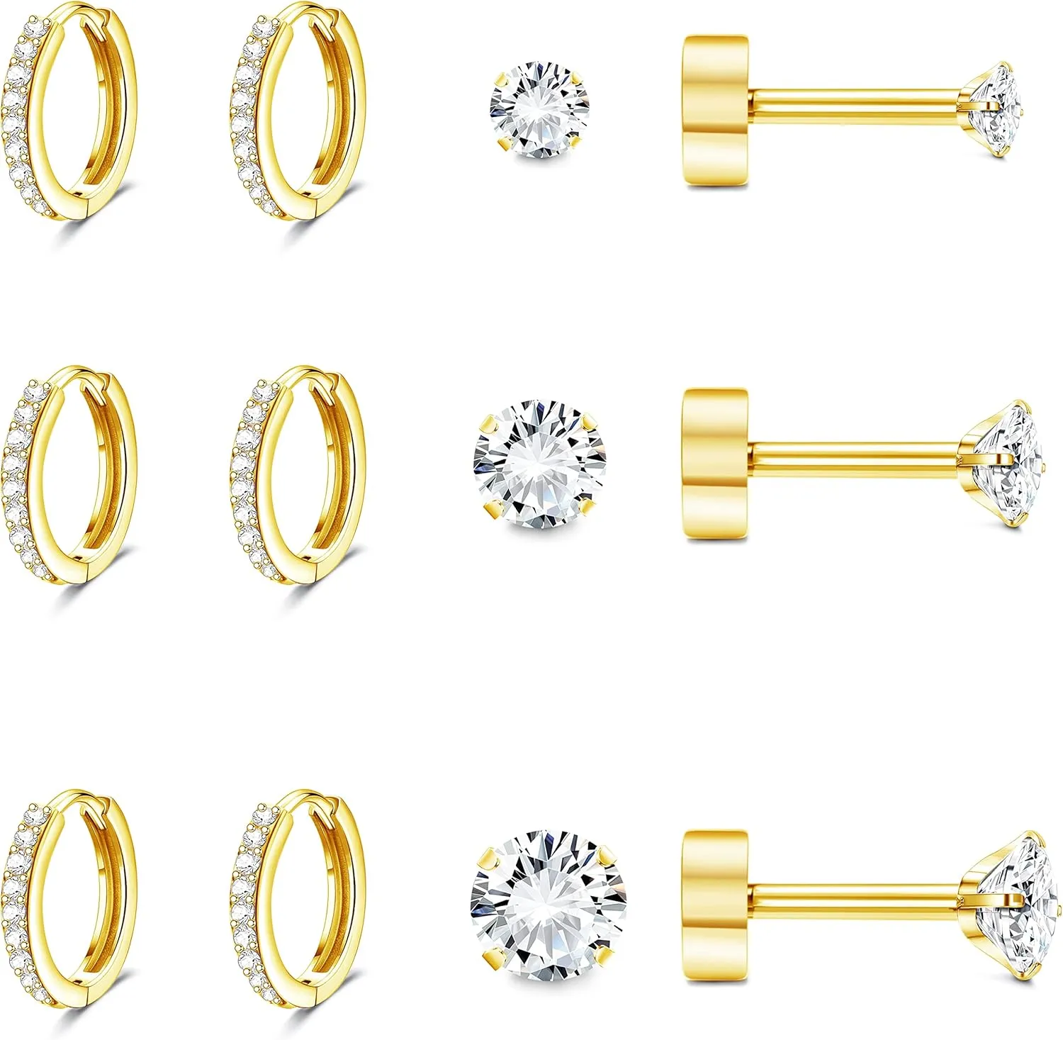 FASACCO Hypoallergenic Flat Back Earrings 14K Gold Cartilage Earring Sets for Multiple Piercing Surgical Stainless Steel Earrings for Women Men Small Huggie Hoop Flatback Stud Earrings