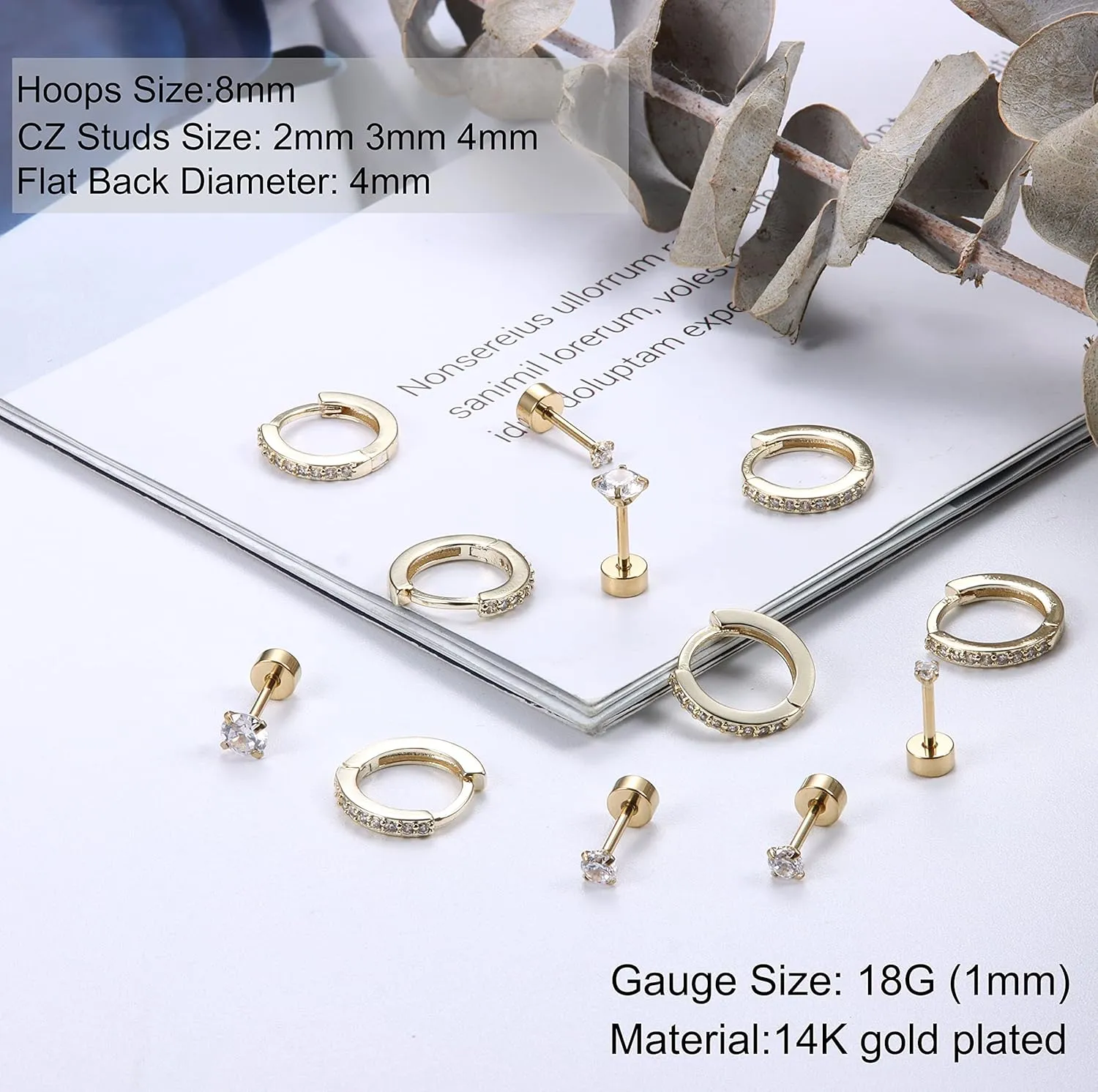 FASACCO Hypoallergenic Flat Back Earrings 14K Gold Cartilage Earring Sets for Multiple Piercing Surgical Stainless Steel Earrings for Women Men Small Huggie Hoop Flatback Stud Earrings