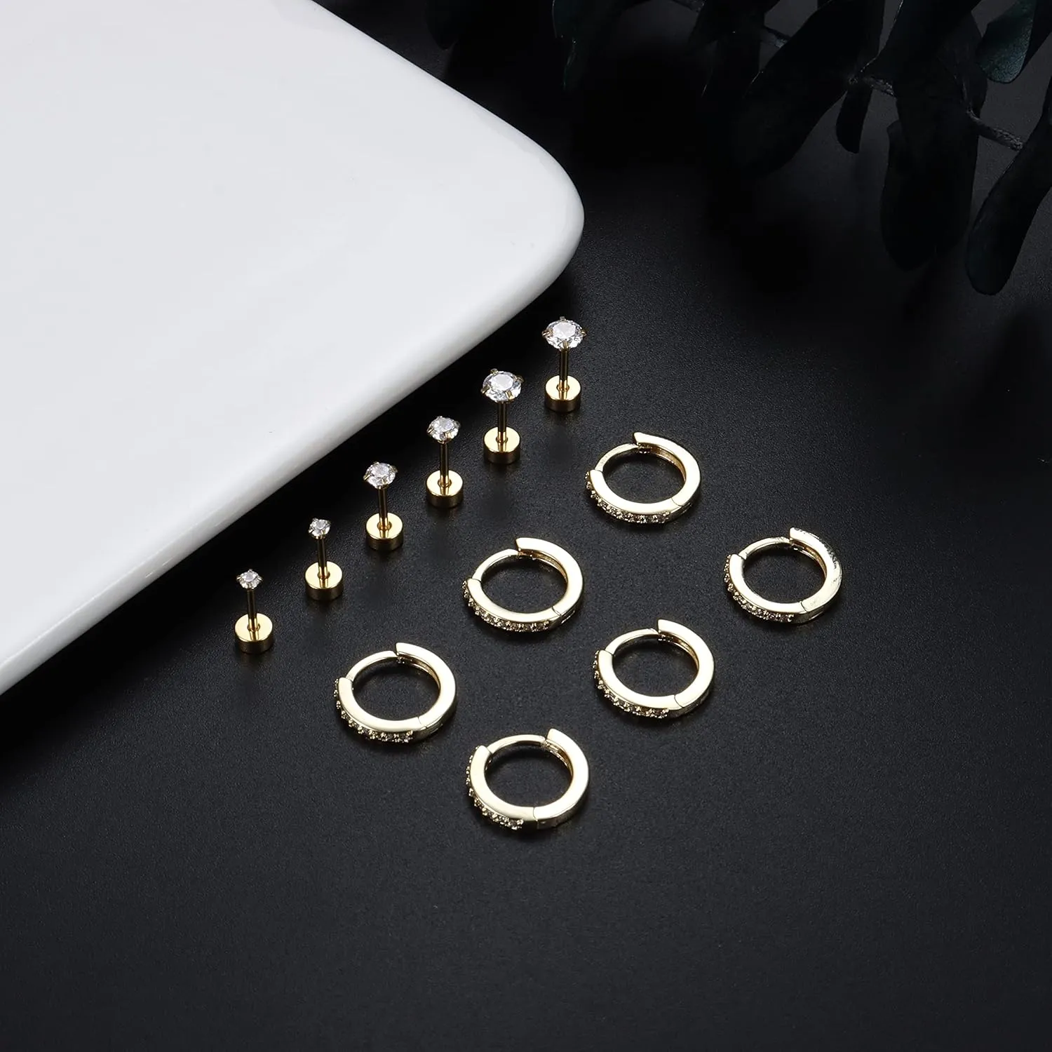 FASACCO Hypoallergenic Flat Back Earrings 14K Gold Cartilage Earring Sets for Multiple Piercing Surgical Stainless Steel Earrings for Women Men Small Huggie Hoop Flatback Stud Earrings