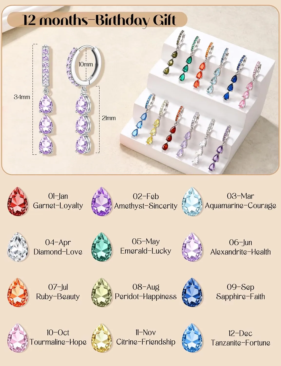 FIASASO Silver Dangle Earirngs for Women - Small Hoop Earrings with Dangle Drop CZ - Birthstone Earrings for Her Birthday Mom