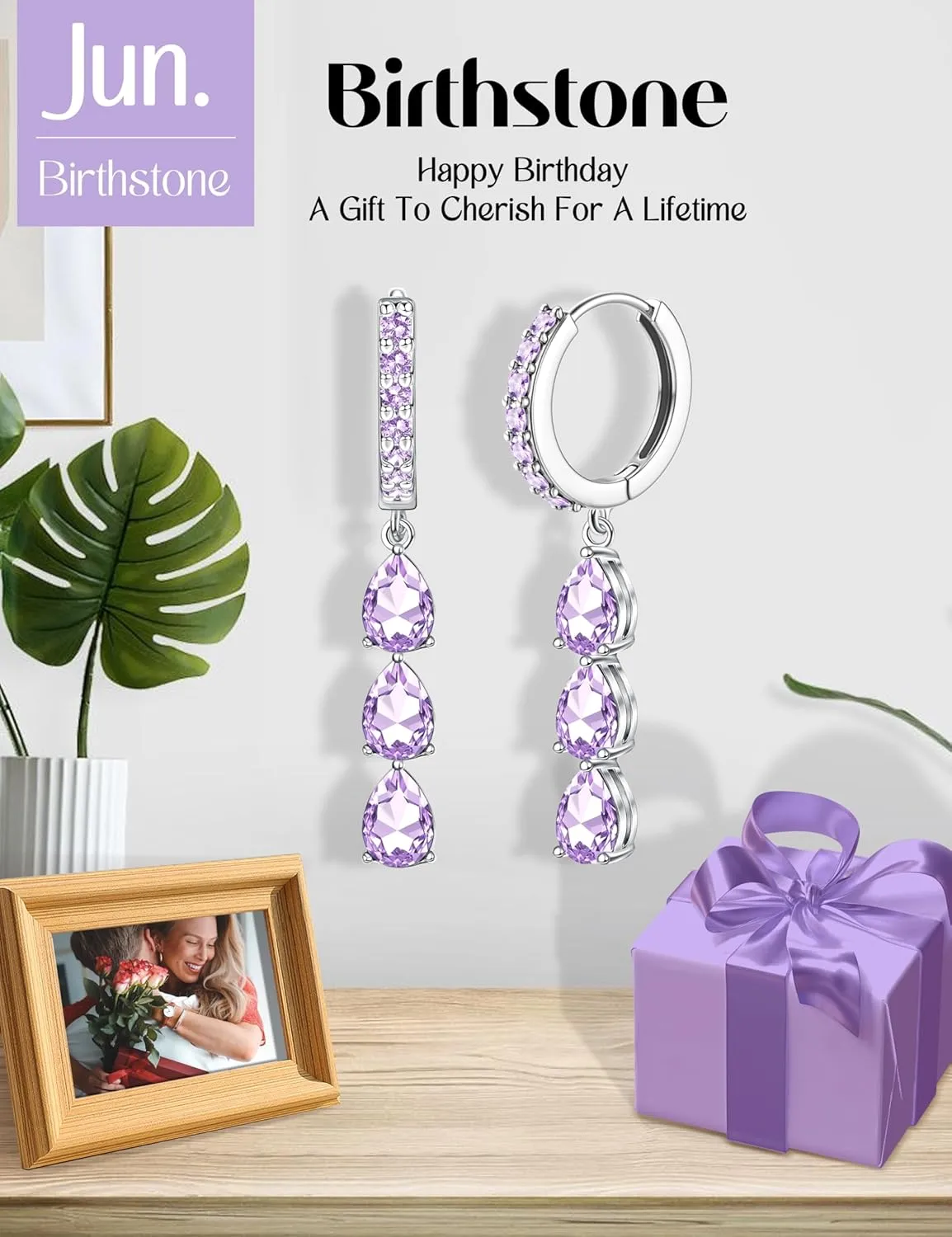 FIASASO Silver Dangle Earirngs for Women - Small Hoop Earrings with Dangle Drop CZ - Birthstone Earrings for Her Birthday Mom