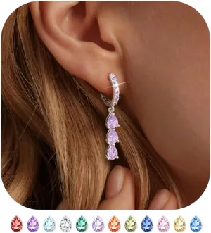 FIASASO Silver Dangle Earirngs for Women - Small Hoop Earrings with Dangle Drop CZ - Birthstone Earrings for Her Birthday Mom