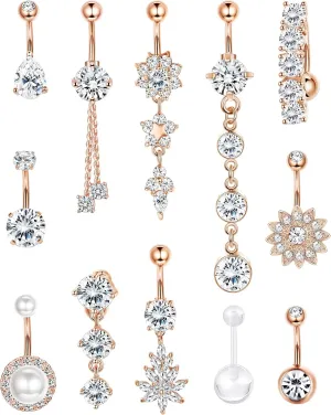 FIBO STEEL 14G Belly Button Rings Dangle 316L Stainless Steel Belly Rings for Women Navel Piercing Jewelry 12 Pcs