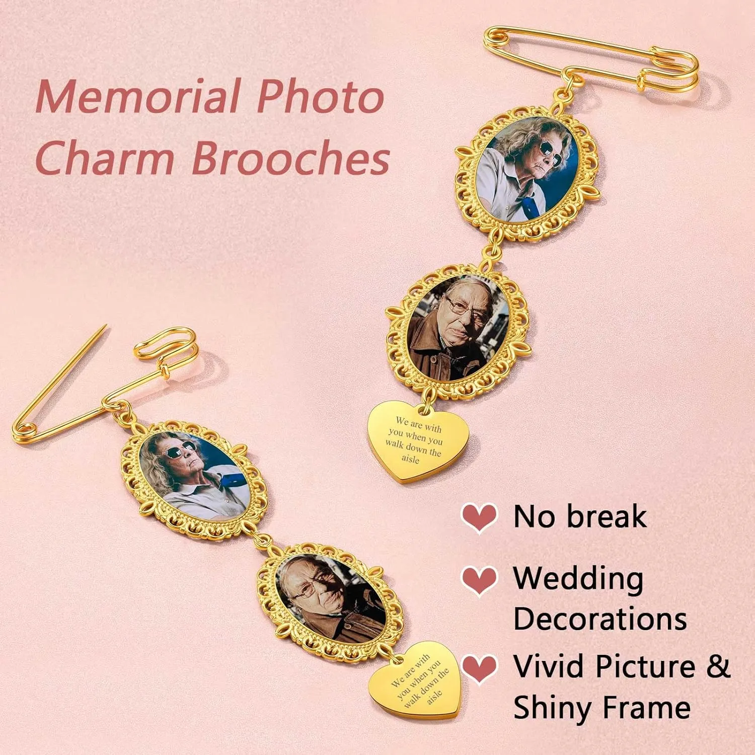FindChic Personalized 1/2/3/4 Wedding Boutonniere Photo Charms Bouquet Pins Stainless Steel/18K Gold Plated Memorial Customized Heart/Round/Oval Picture Frames Brooch Decoration Accessories   Gift Box