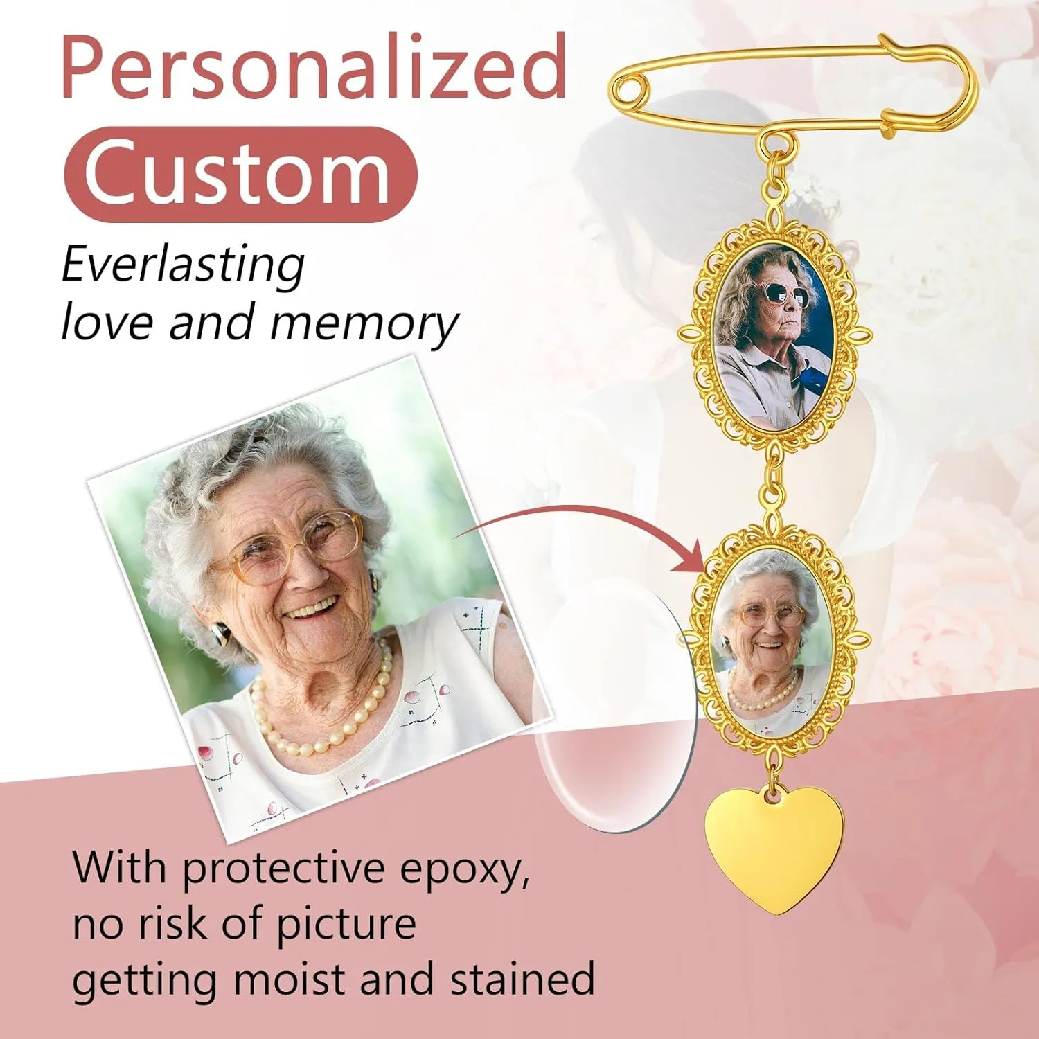 FindChic Personalized 1/2/3/4 Wedding Boutonniere Photo Charms Bouquet Pins Stainless Steel/18K Gold Plated Memorial Customized Heart/Round/Oval Picture Frames Brooch Decoration Accessories   Gift Box