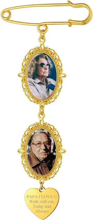 FindChic Personalized 1/2/3/4 Wedding Boutonniere Photo Charms Bouquet Pins Stainless Steel/18K Gold Plated Memorial Customized Heart/Round/Oval Picture Frames Brooch Decoration Accessories   Gift Box