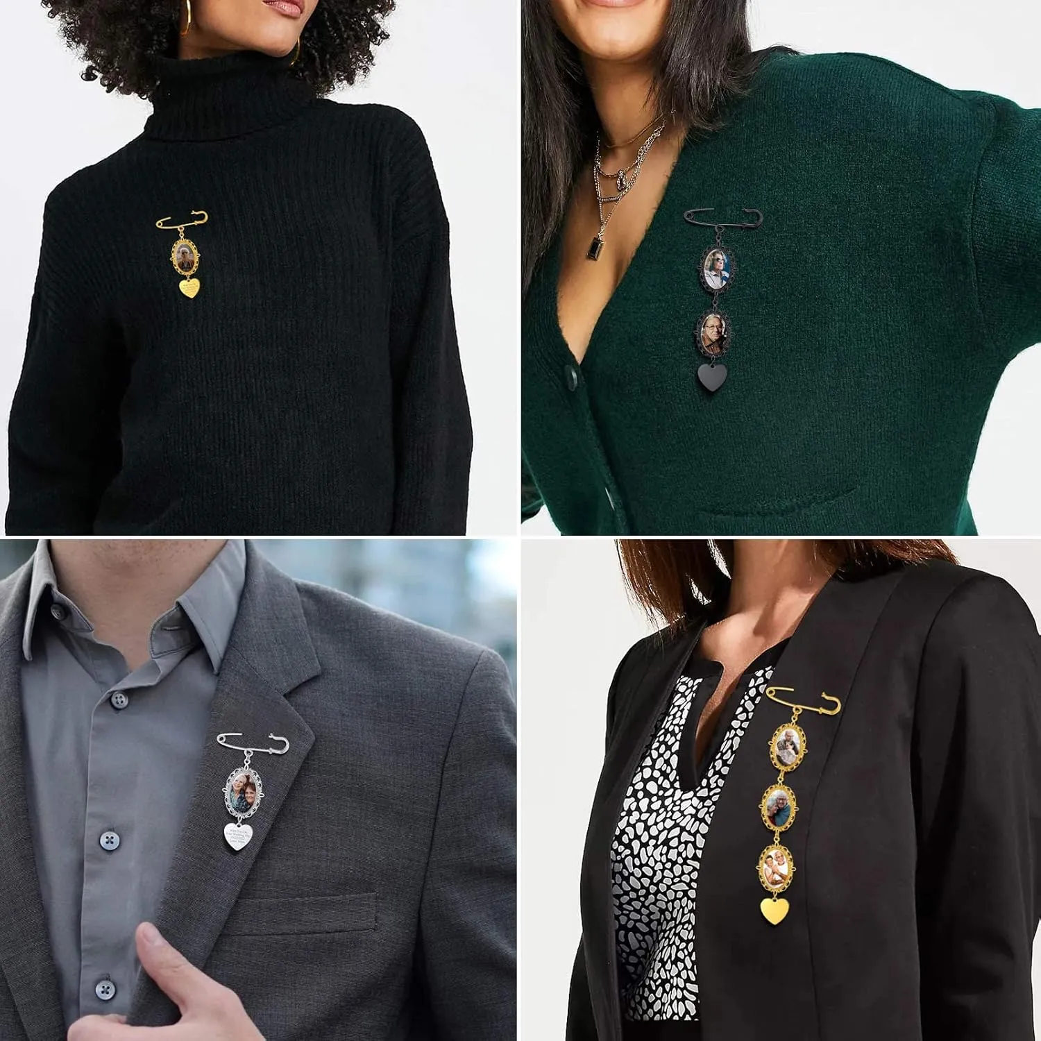 FindChic Personalized 1/2/3/4 Wedding Boutonniere Photo Charms Bouquet Pins Stainless Steel/18K Gold Plated Memorial Customized Heart/Round/Oval Picture Frames Brooch Decoration Accessories   Gift Box