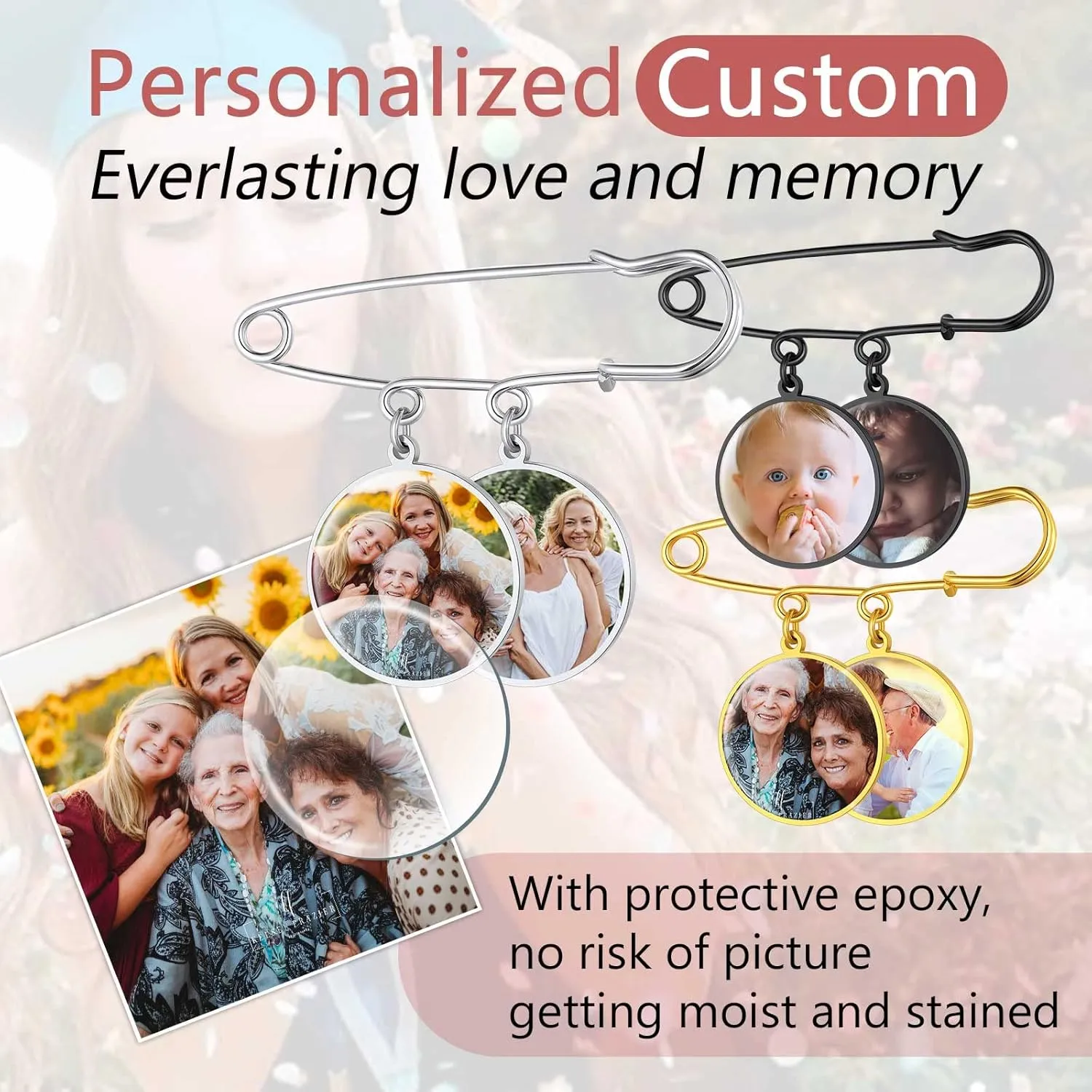 FindChic Personalized 1/2/3/4 Wedding Boutonniere Photo Charms Bouquet Pins Stainless Steel/18K Gold Plated Memorial Customized Heart/Round/Oval Picture Frames Brooch Decoration Accessories   Gift Box