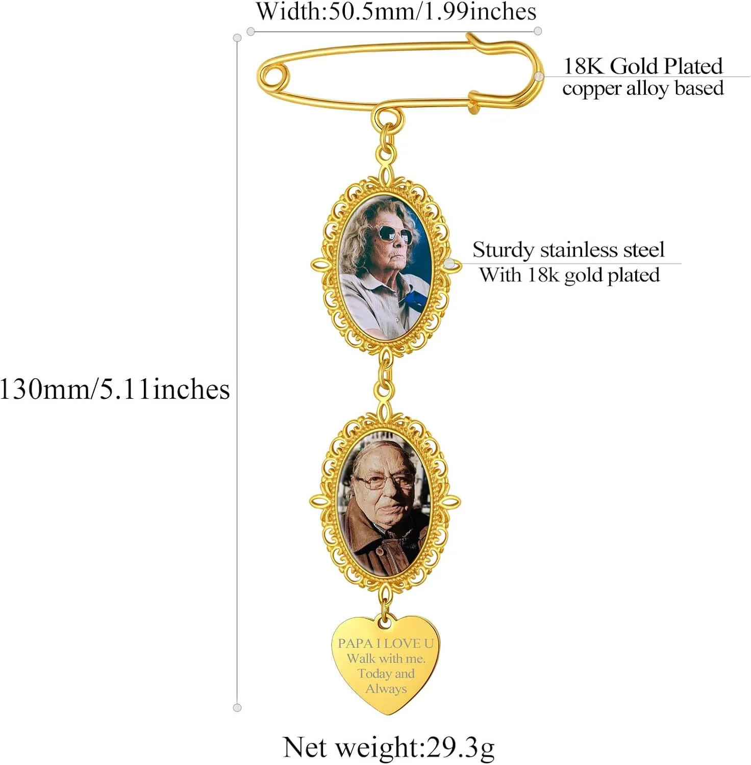 FindChic Personalized 1/2/3/4 Wedding Boutonniere Photo Charms Bouquet Pins Stainless Steel/18K Gold Plated Memorial Customized Heart/Round/Oval Picture Frames Brooch Decoration Accessories   Gift Box