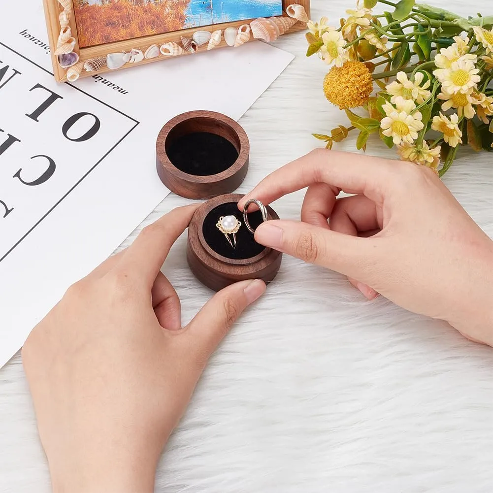 FINGERINSPIRE Round Wood Couple Ring Box with Black Velvet Inside 2x1.4inch Coffee Color Wooden Jewelry Ring Box 2 Slots Column for Proposal Engagement Wedding