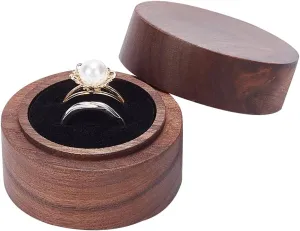 FINGERINSPIRE Round Wood Couple Ring Box with Black Velvet Inside 2x1.4inch Coffee Color Wooden Jewelry Ring Box 2 Slots Column for Proposal Engagement Wedding