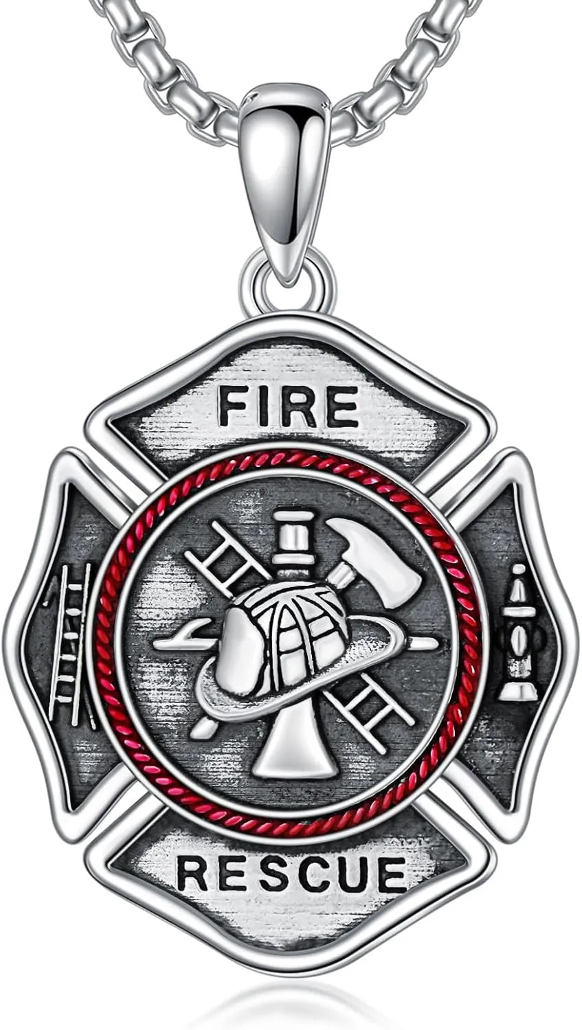 Firefighter Necklace 925 Sterling Silver Fire Fighter Shield Medal Cross Pendant Necklaces for Men, w/Stainless Steel Chain 22'' 2''