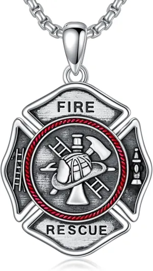 Firefighter Necklace 925 Sterling Silver Fire Fighter Shield Medal Cross Pendant Necklaces for Men, w/Stainless Steel Chain 22'' 2''