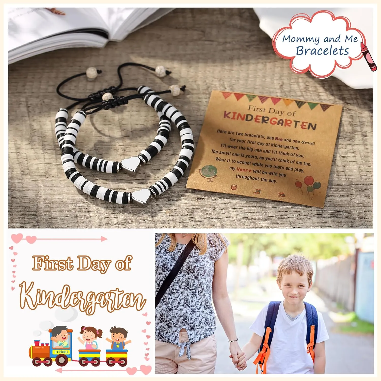 First Day of School Bracelet, Back to School Gifts Matching Heart Mommy and Me Bracelets for Mother Daughter Son Girls Boys