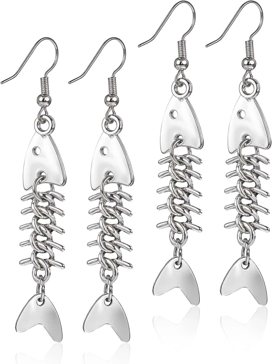 Fish Bone Grunge Earrings for Women, 2 Pair Zinc Alloy Long Cool Earrings Weird Jewelry Fishbone Dangle Earrings Fish Hook Punk Goth Earrings