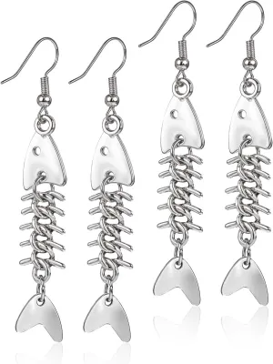 Fish Bone Grunge Earrings for Women, 2 Pair Zinc Alloy Long Cool Earrings Weird Jewelry Fishbone Dangle Earrings Fish Hook Punk Goth Earrings