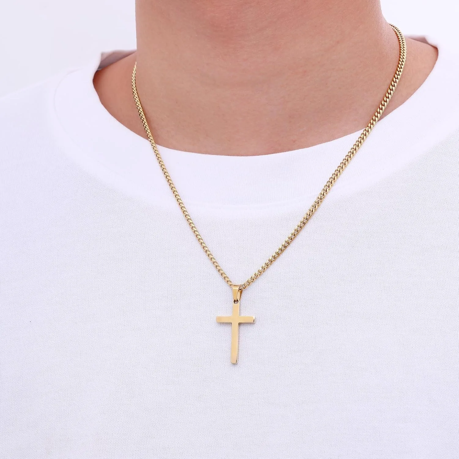 Fiusem Cross Necklace for Men and Women, Gold Plated Mens Cross Necklaces with 3.5mm Cuban Chain, Stainless Steel Pendant Chain 16-24 Inches