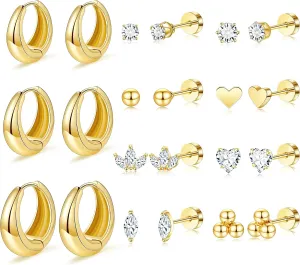 Flat Back Stud Gold Hoop Earrings Set for Women Chunky Gold Earrings Stack Huggie Hypoallergenic Surgical Stainless Steel Cartilage Tragus Helix Piercing Jewelry