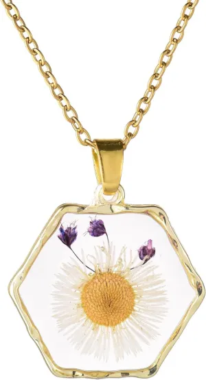 FM FM42 Multicolor Dried Natural Real Flowers Gold-tone Hexagon Shaped Simulated Resin Pendant Necklace