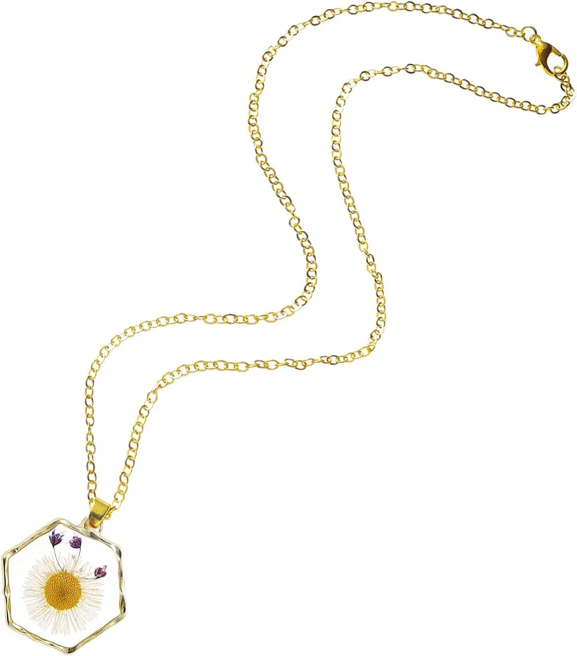 FM FM42 Multicolor Dried Natural Real Flowers Gold-tone Hexagon Shaped Simulated Resin Pendant Necklace