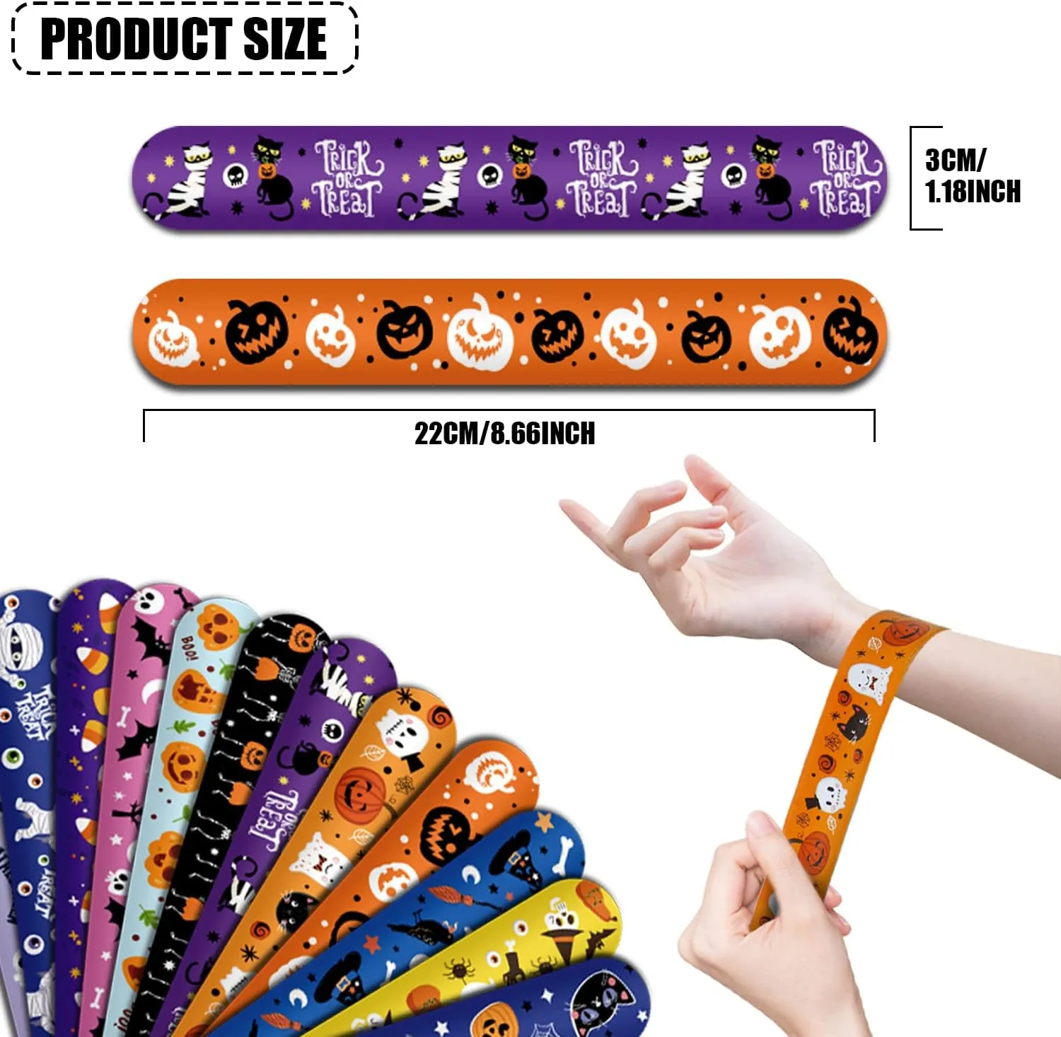 FOIMAS 48pcs Halloween Slap Bracelets, Snap Bracelet Pumpkin Witch Wristband for Kids Trick or Treat Bag Filler Party Favor Supply