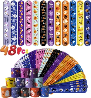 FOIMAS 48pcs Halloween Slap Bracelets, Snap Bracelet Pumpkin Witch Wristband for Kids Trick or Treat Bag Filler Party Favor Supply