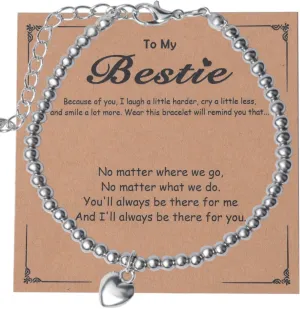 Friend Gifts for Women Bestie Friendship Bracelets for Women Grils Sister Birthday Gifts for Women Silver Heart Bead Bracelet for Women Christmas Gift for Best Friend Long Distance Gifts