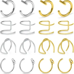 Ftovosyo Fake Lip Rings T Shaped Stainless Steel Gothic Clip on Non Piercing Nose Ring Double Cartilage Helix Earrings Ear Cuff for Women Men