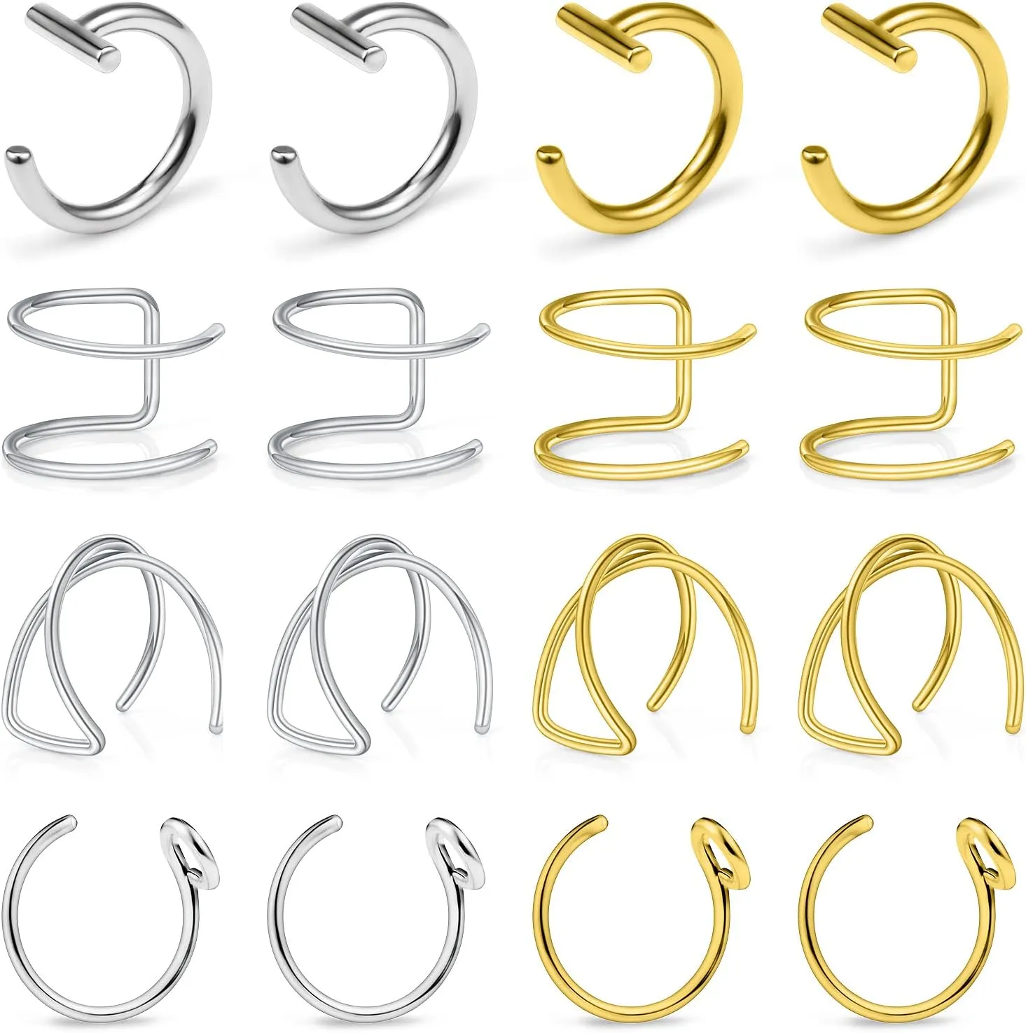 Ftovosyo Fake Lip Rings T Shaped Stainless Steel Gothic Clip on Non Piercing Nose Ring Double Cartilage Helix Earrings Ear Cuff for Women Men