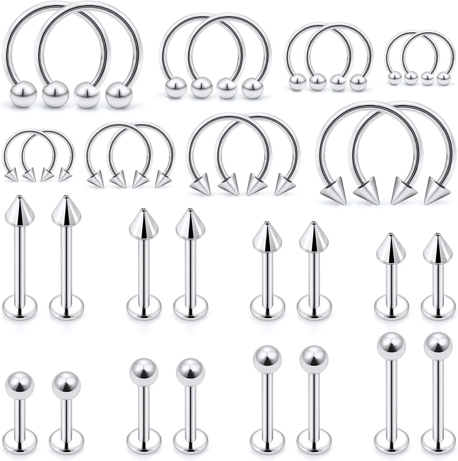 Ftovosyo Lip Rings 32PCS Labret Jewelry Monroe Lip Barbell Ring Snake Bite Piercing Jewelry 16G Helix Earring Daith Tragus Cartilage Studs Surgical Steel Piercing Jewelry for Women Men