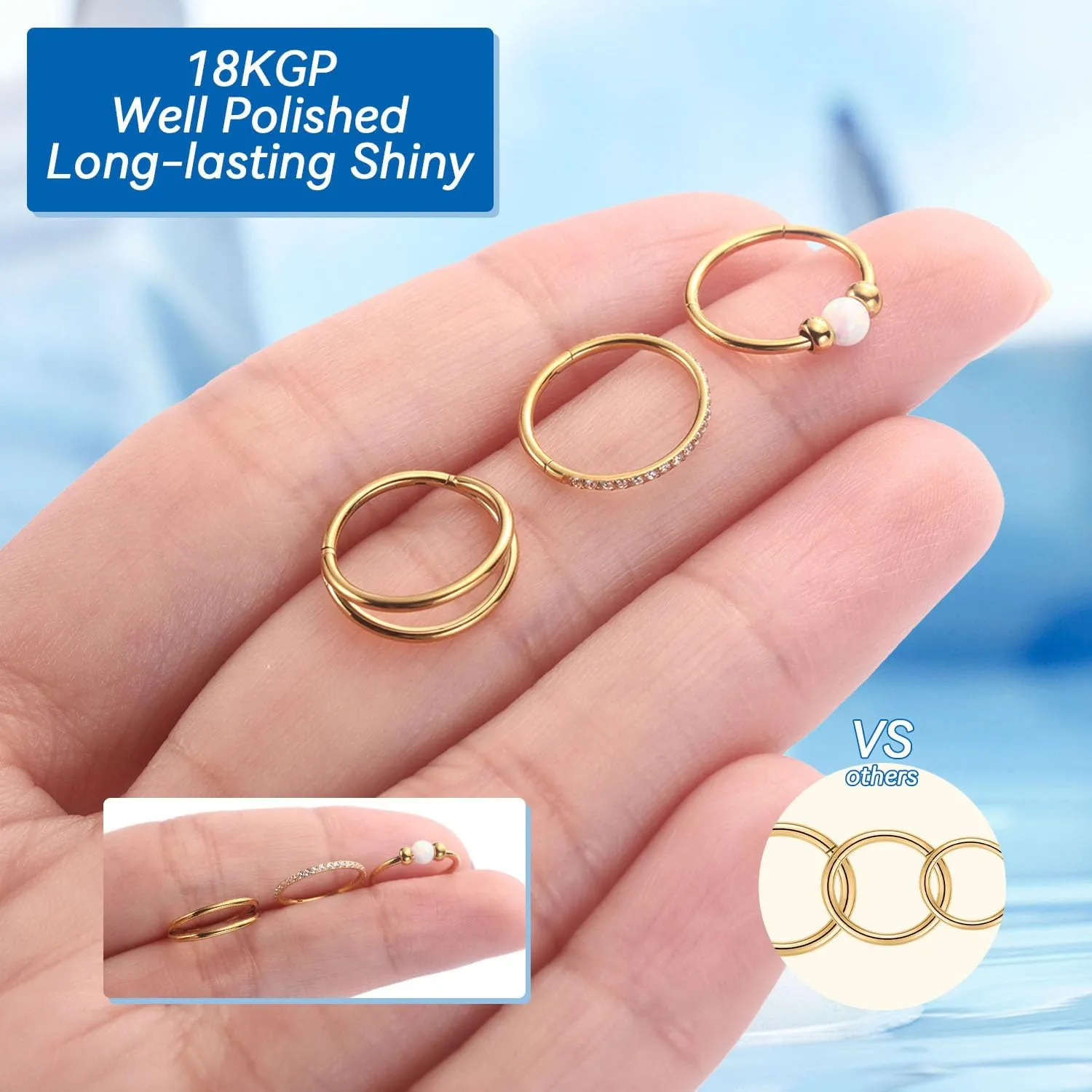 FUNLMO 3Pcs Nose Rings 316L Surgical Steel Septum Rings Tragus Helix Conch Rook Daith Piercing Jewelry Cartilage Earring Lip Rings for Women Men