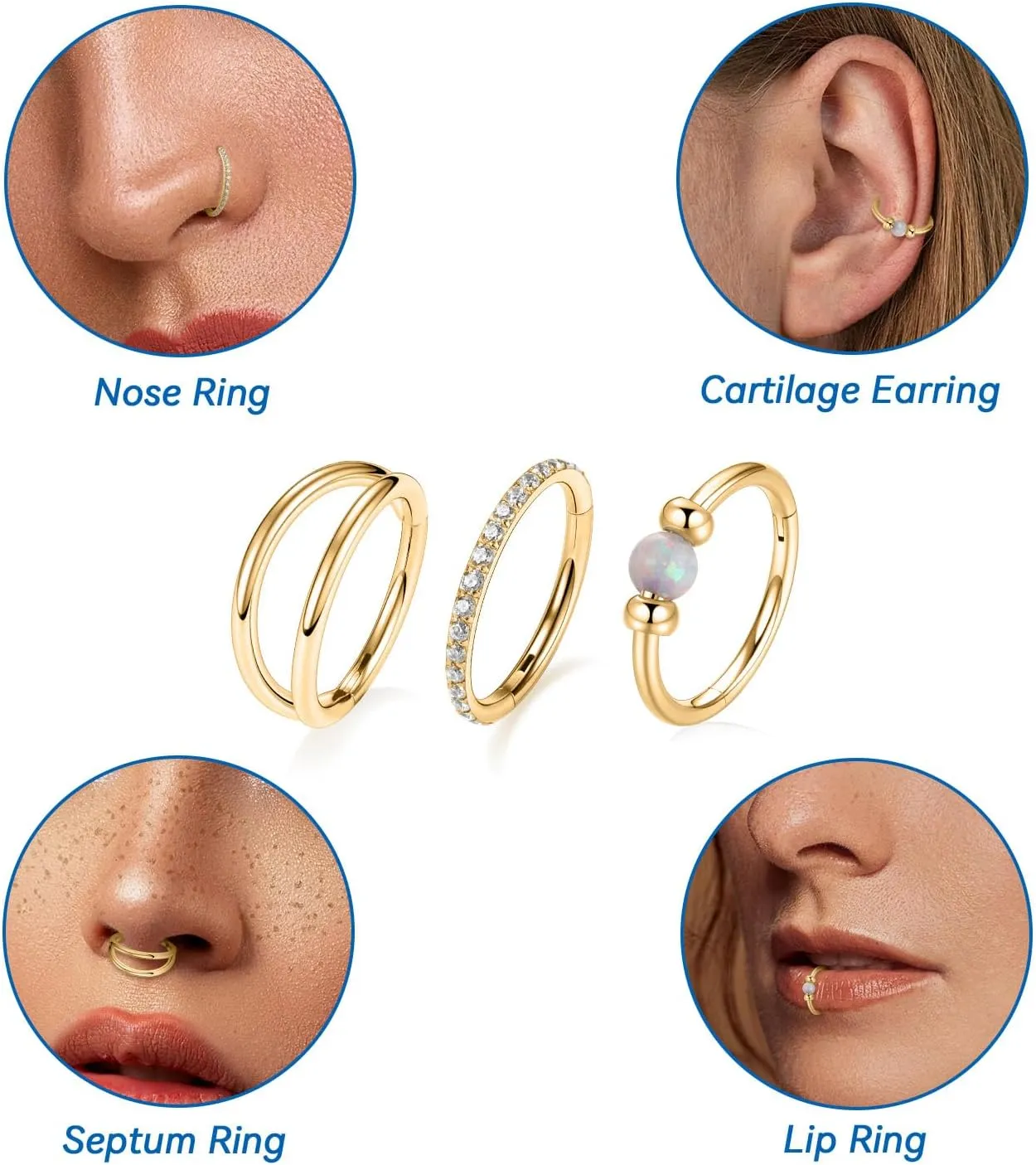 FUNLMO 3Pcs Nose Rings 316L Surgical Steel Septum Rings Tragus Helix Conch Rook Daith Piercing Jewelry Cartilage Earring Lip Rings for Women Men