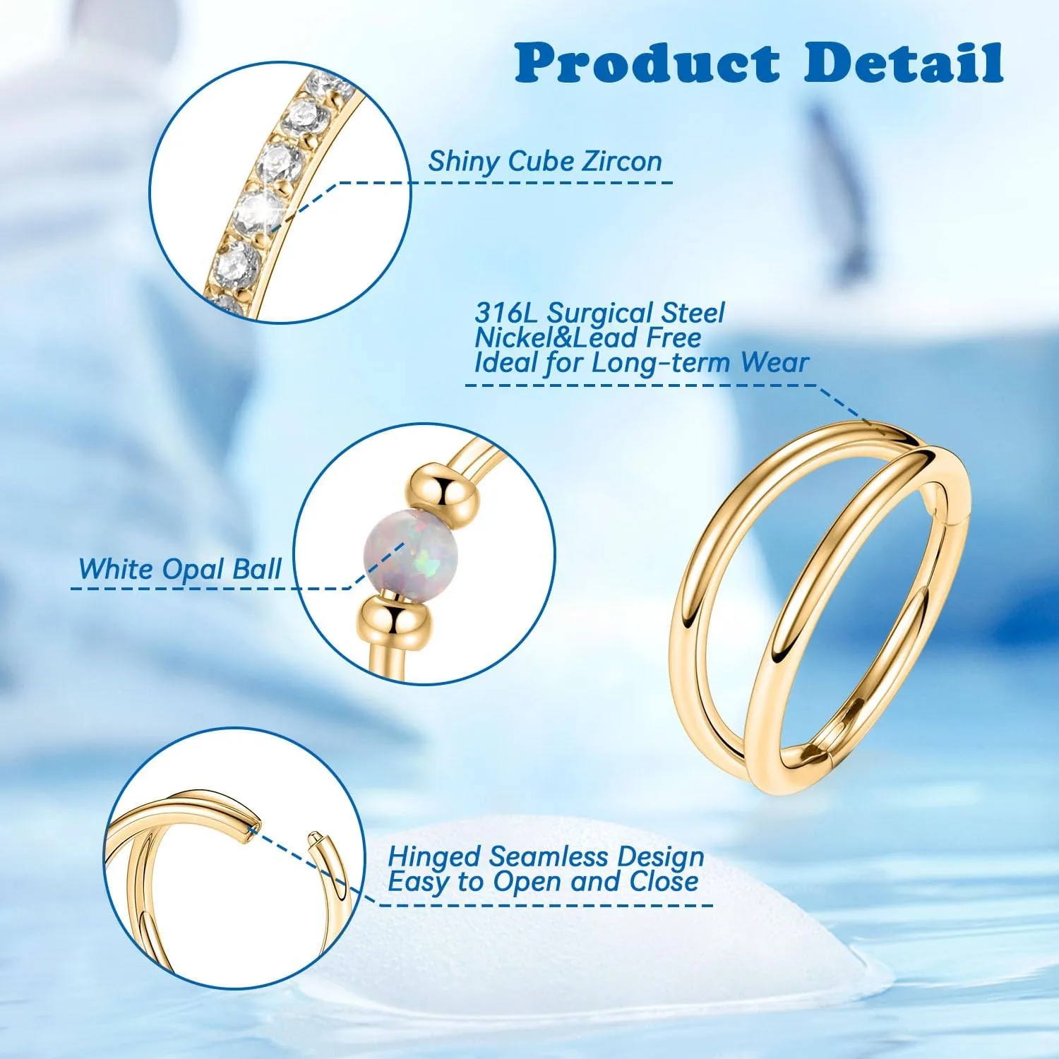 FUNLMO 3Pcs Nose Rings 316L Surgical Steel Septum Rings Tragus Helix Conch Rook Daith Piercing Jewelry Cartilage Earring Lip Rings for Women Men