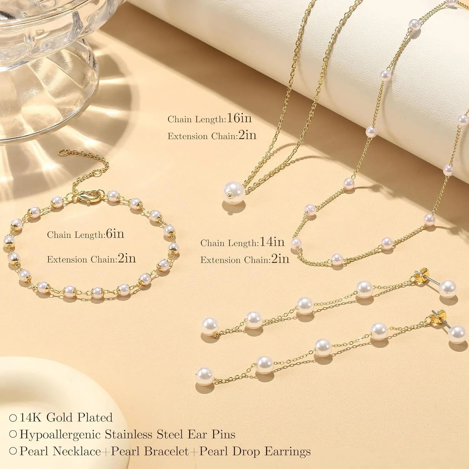 FUNRUN JEWELRY 14K Gold Plated Pearl Necklace Set for Women - Adjustable Choker, Bracelet, Drop Earrings - Dainty Wedding Jewelry