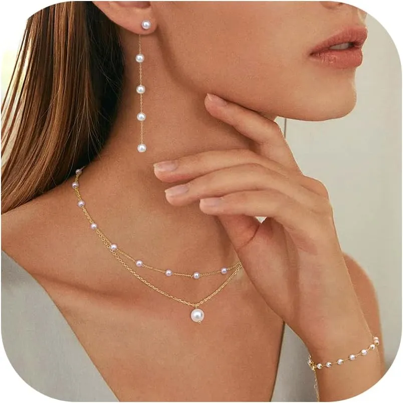 FUNRUN JEWELRY 14K Gold Plated Pearl Necklace Set for Women - Adjustable Choker, Bracelet, Drop Earrings - Dainty Wedding Jewelry