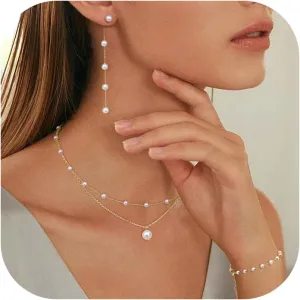FUNRUN JEWELRY 14K Gold Plated Pearl Necklace Set for Women - Adjustable Choker, Bracelet, Drop Earrings - Dainty Wedding Jewelry