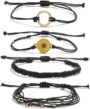 Fuqimanman2020 4 Pcs Summer Surfer Wave Sunflower Bracelets Set Anklet Adjustable Strand Braided String Rope Boho Waterproof Handmade Beach Jewelry for Women