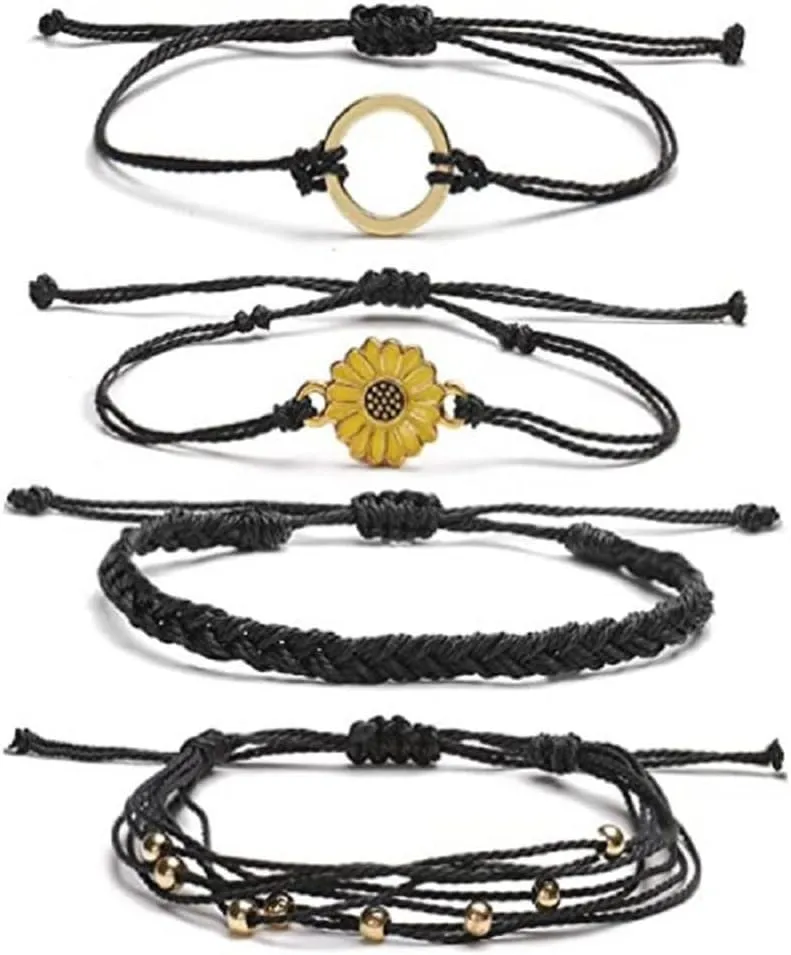 Fuqimanman2020 4 Pcs Summer Surfer Wave Sunflower Bracelets Set Anklet Adjustable Strand Braided String Rope Boho Waterproof Handmade Beach Jewelry for Women
