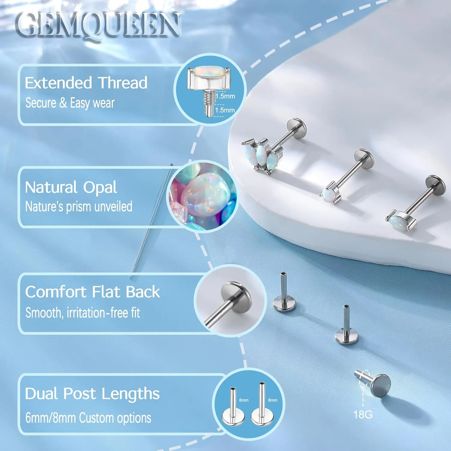 G23 Implant Grade Titanium Flat Back Earrings Studs: 14K Gold Hypoallergenic 3 Pcs 18G Internally Threaded Tragus Cartilage Helix Piercing Jewelry Opal Earring for Sensitive Ears Women Men